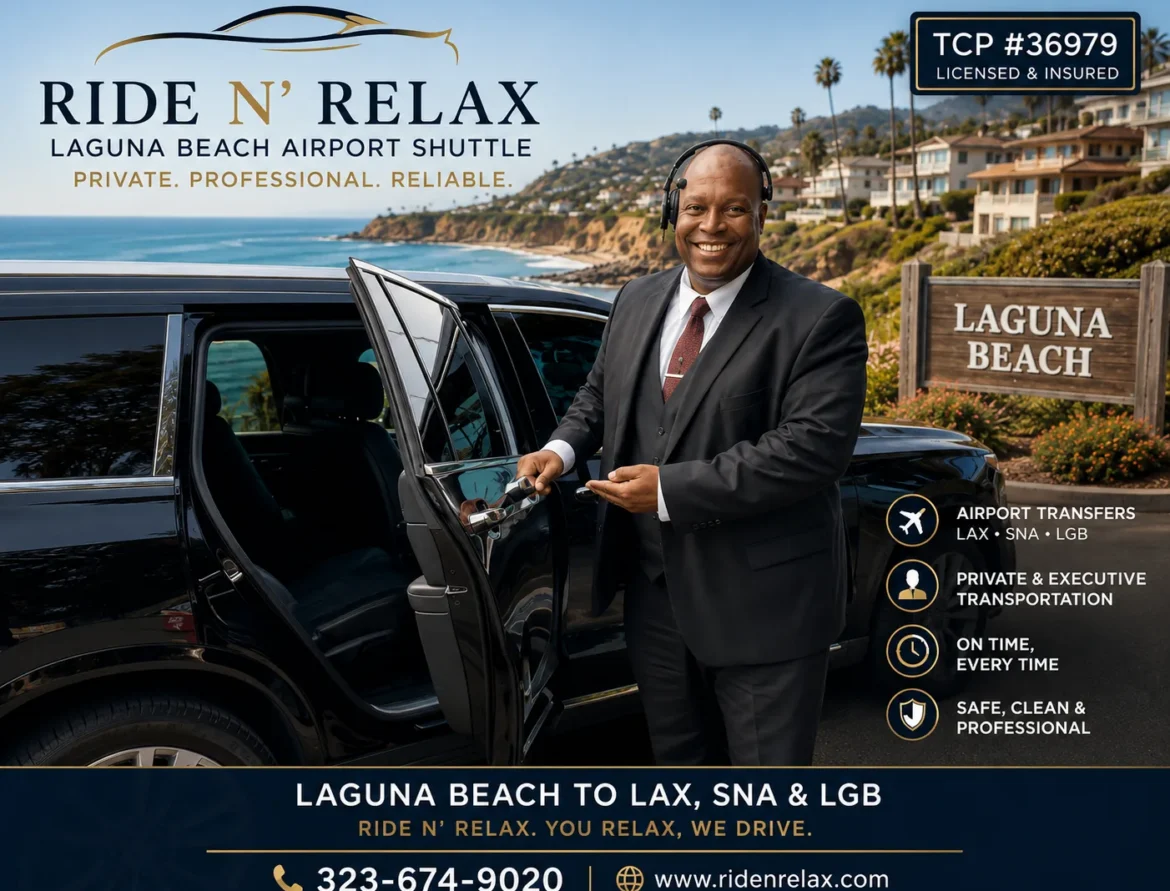 Laguna Beach Airport Shuttle. Owner Patrick W Paige standing beside a luxury black Cadillac Sedan
