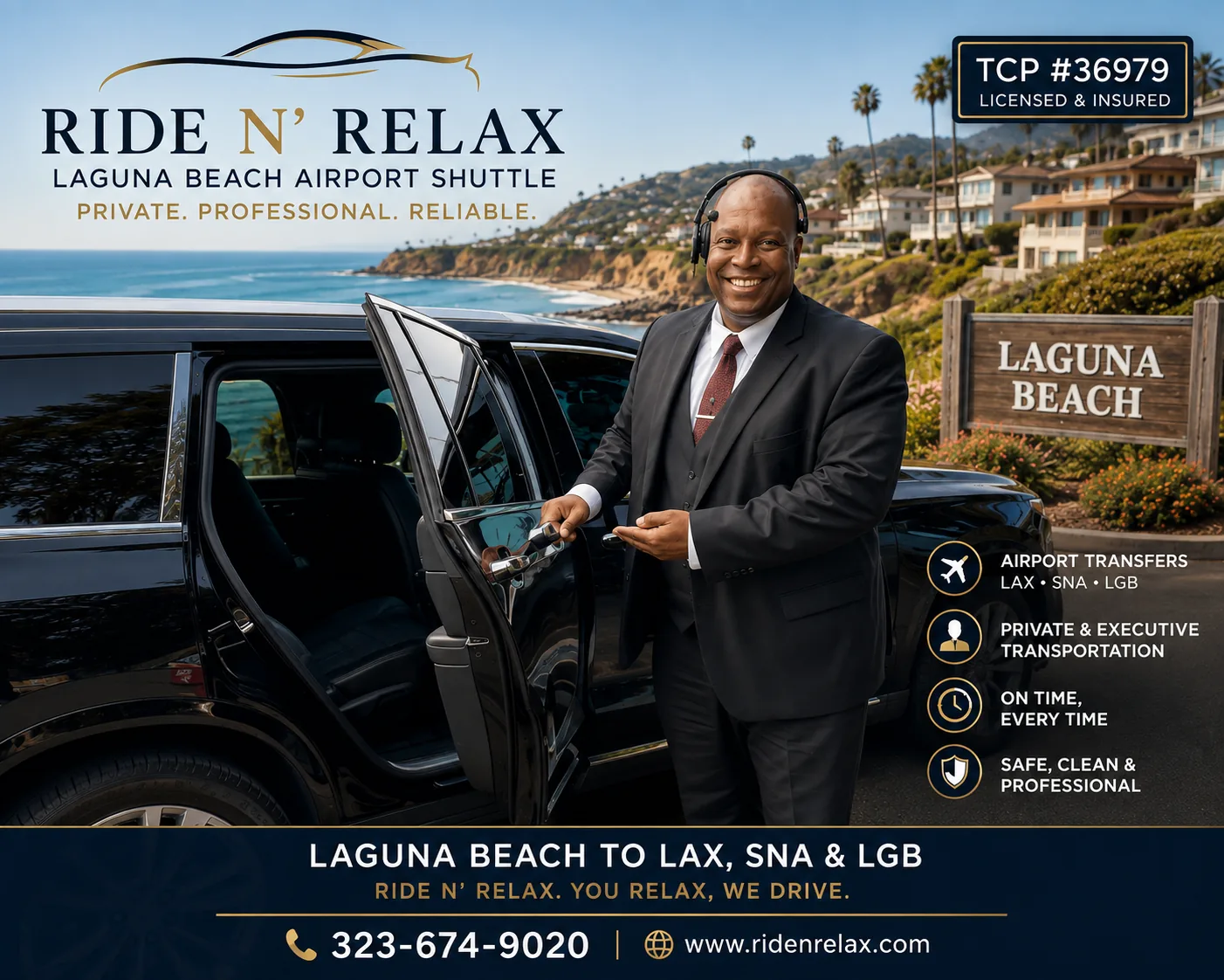 Laguna Beach Airport Shuttle. Owner Patrick W Paige standing beside a luxury black Cadillac Sedan