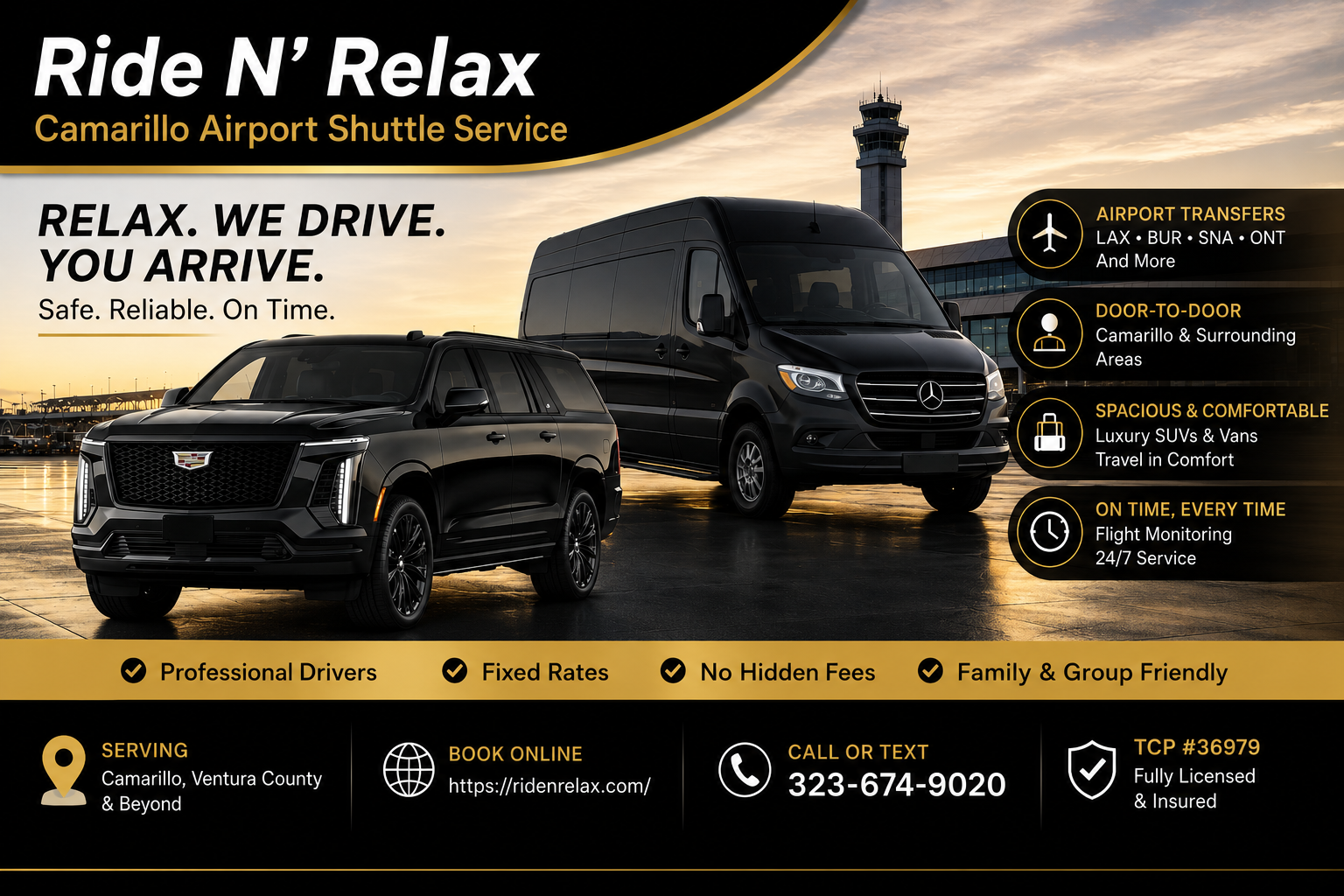 Ride N' Relax luxury black car providing Camarillo Airport Shuttle Service to LAX