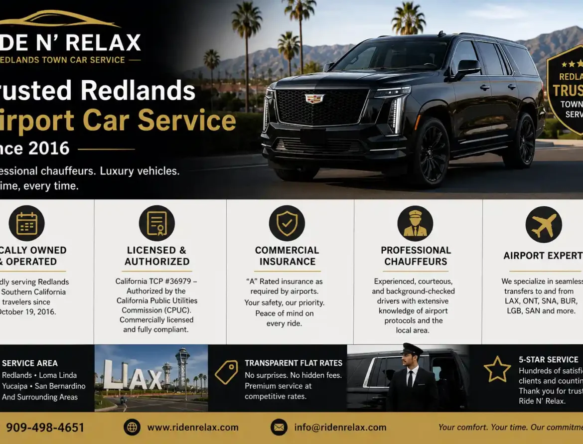 Redlands Town Car Service by Ride N' Relax, featuring professional chauffeurs and licensed TCP #36979 airport transit.