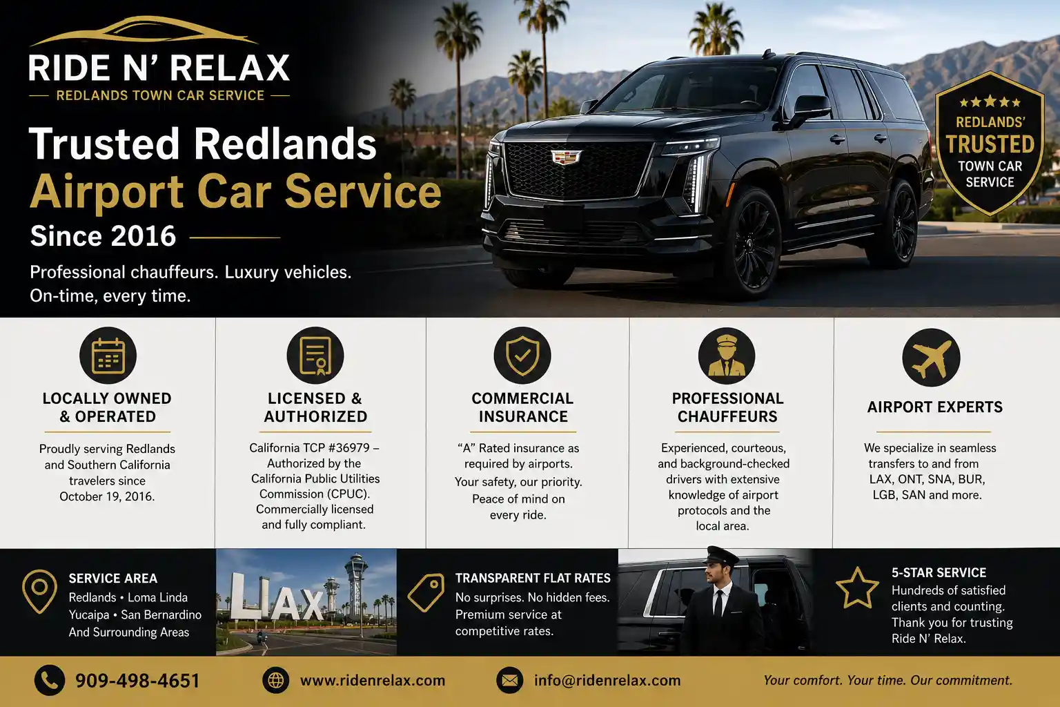 Redlands Town Car Service by Ride N' Relax, featuring professional chauffeurs and licensed TCP #36979 airport transit.