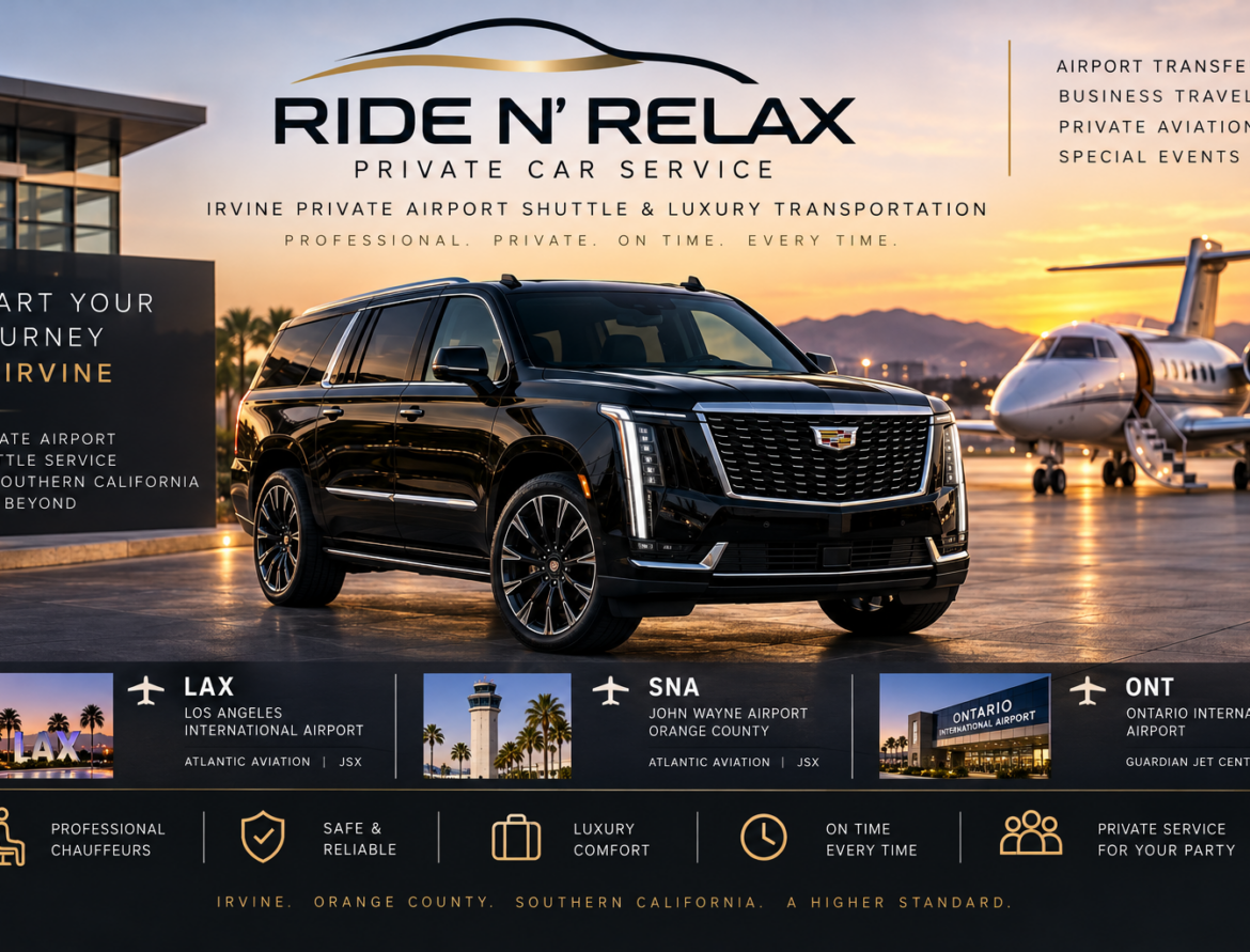 Irvine private airport shuttle luxury black car service waiting at a Southern California terminal.