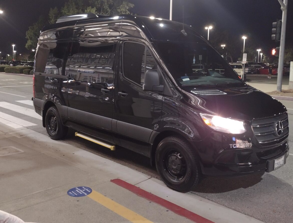 Mercedes-Benz Sprinter 10-passenger executive shuttle van providing private airport transportation from Rancho Cucamonga to LAX.